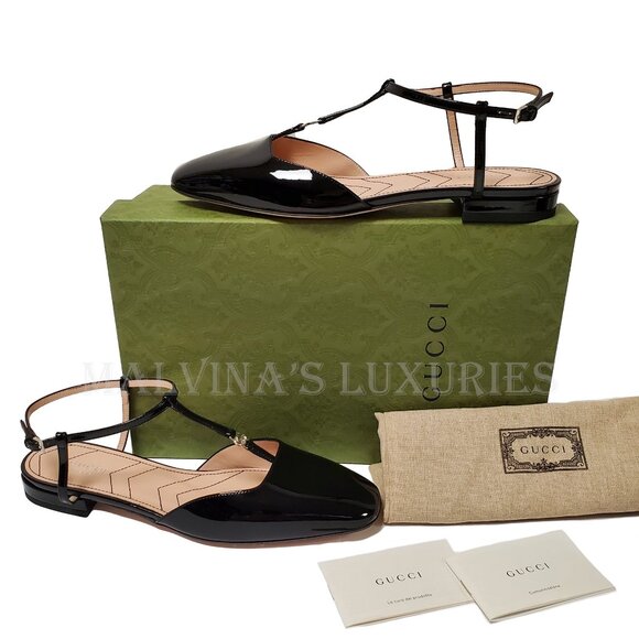 GUCCI SHOES T-STRAP BLACK LEATHER BALLET FLATS w DOUBLE G LOGO sz 39 9 - Picture 4 of 16